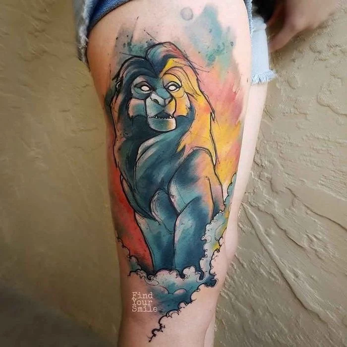lion king inspired simba tattoo, lion shoulder tattoo, watercolor tattoo, thigh tattoo, on woman wearing short jeans