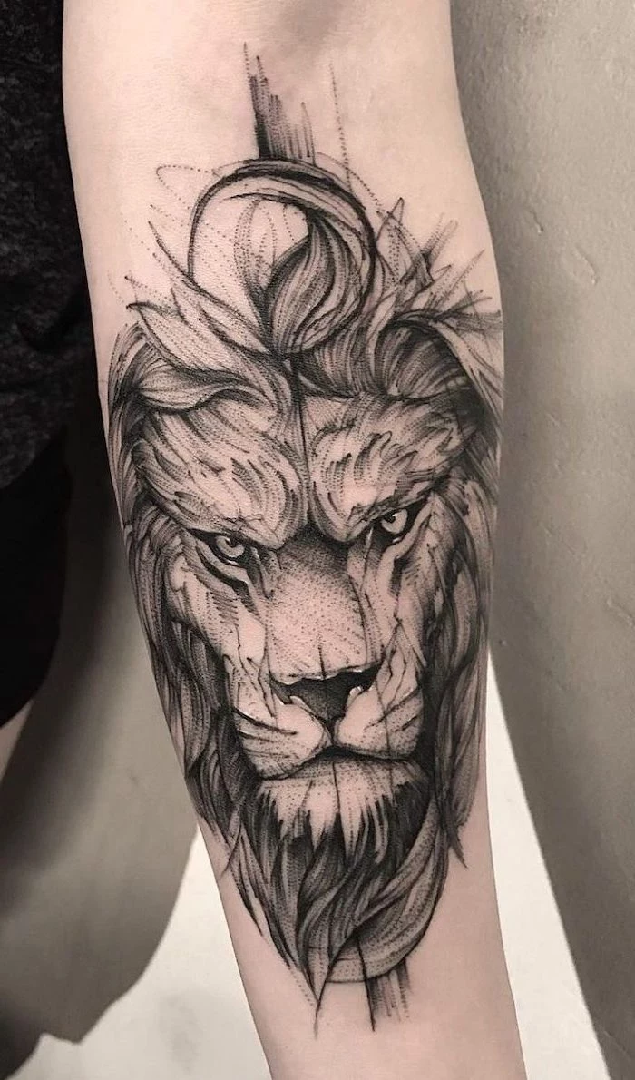 lion with crown tattoo, scary lion head with mane, forearm tattoo, white background