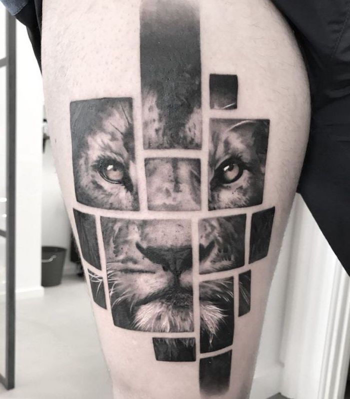 geometrical design, lioness head, separated into small squares, lion sleeve tattoo, thigh tattoo
