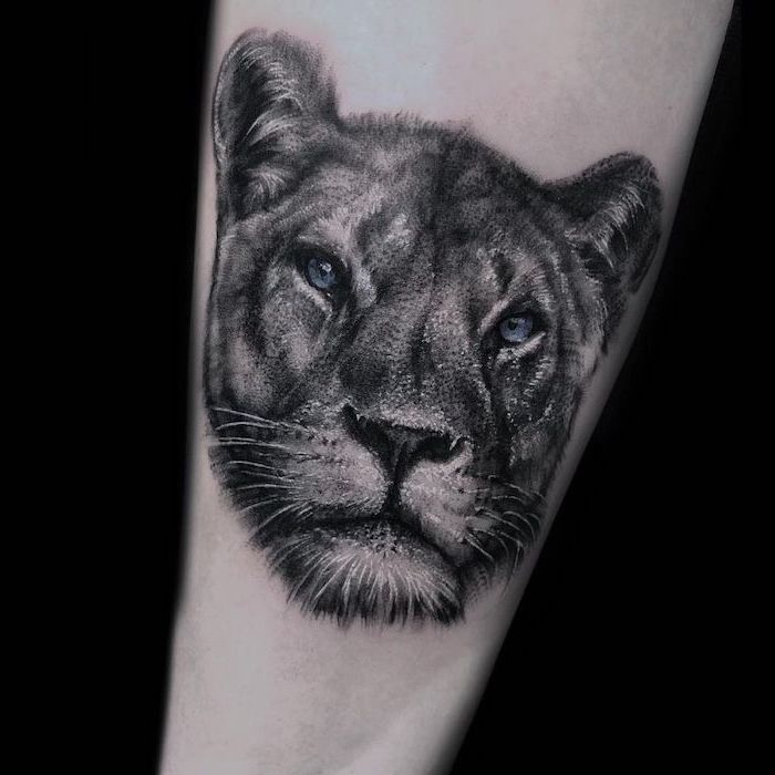 black background, lion tattoo on arm, lioness head with blue eyes, forearm tattoo