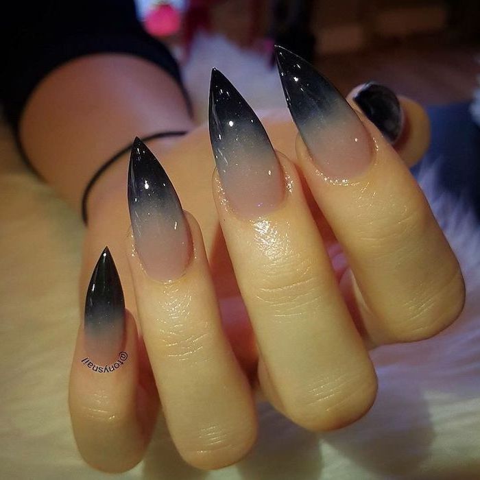 nude to grey and black gradient nail polish, nude ombre nails, long stiletto nails