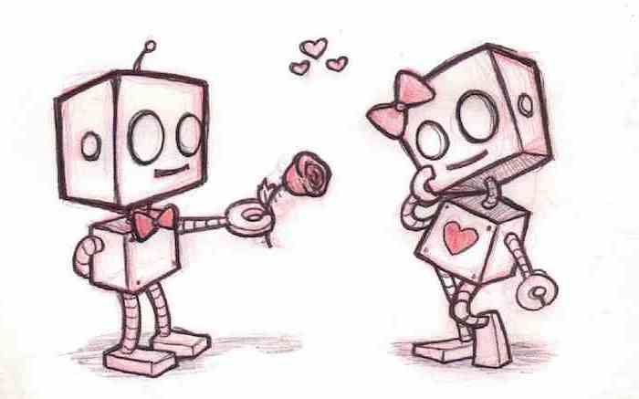 male robot with bow tie, holding a rose, cute animal drawings, female robot with red heart, colored drawing