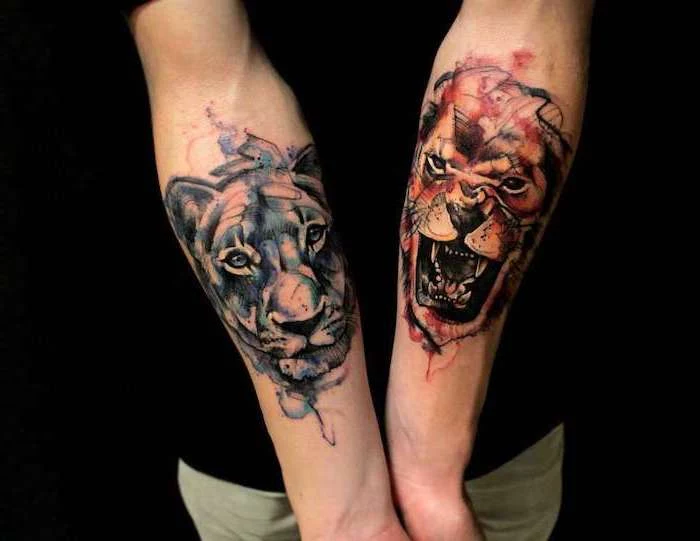 tattoos on both forearms, lion head in red, lioness head in blue, watercolor tattoos, tribal lion tattoo, black background