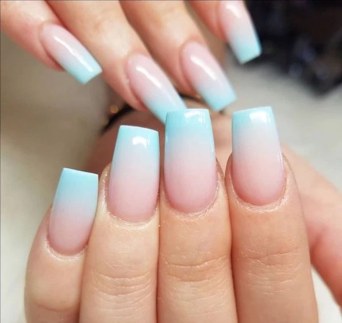 pink to blue gradient nail polish, medium length square nails, ombre coffin nails