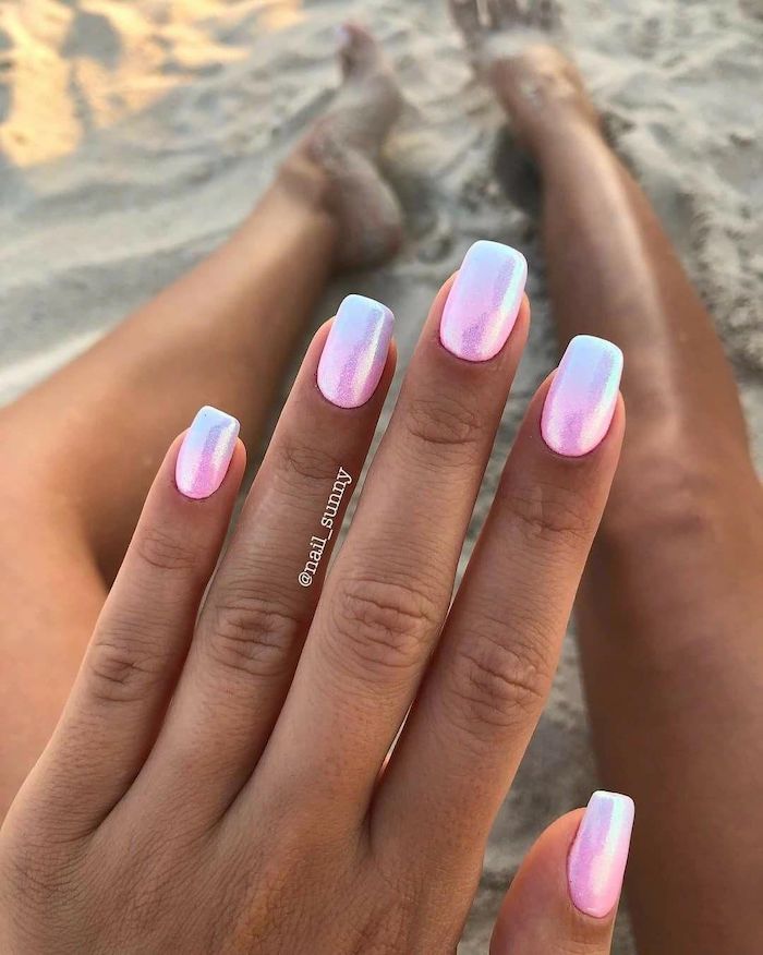 ombre coffin nails, mermaid nails, metallic pink to blue gradient nail polish, medium length square nails