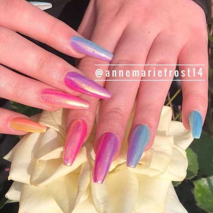 nails with the colors of the rainbow, ombre coffin nails, long coffin nails, different colors nail polish on each nail