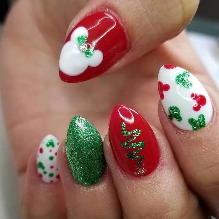 red green and white nail polish, popular nail colors, different christmas disney themed decorations on each nail