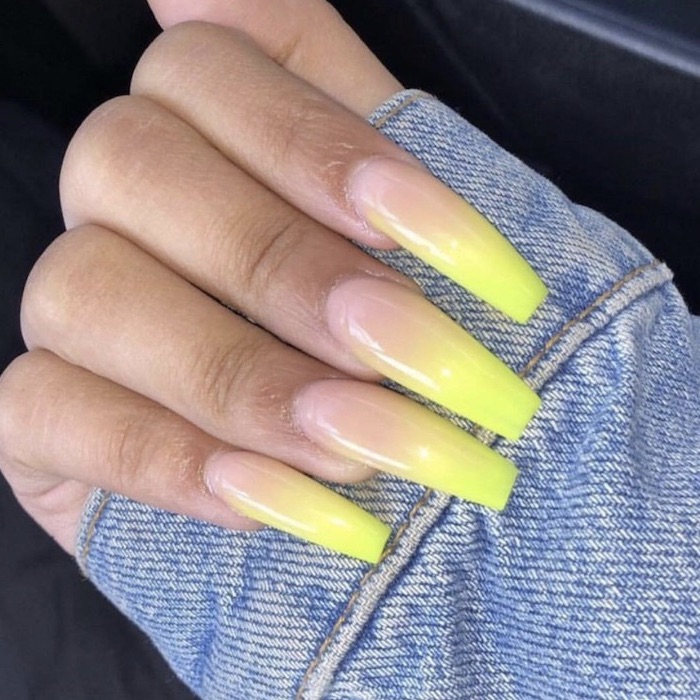 ombre nail designs, extra long coffin nails, nude to neon yellow gradient nail polish