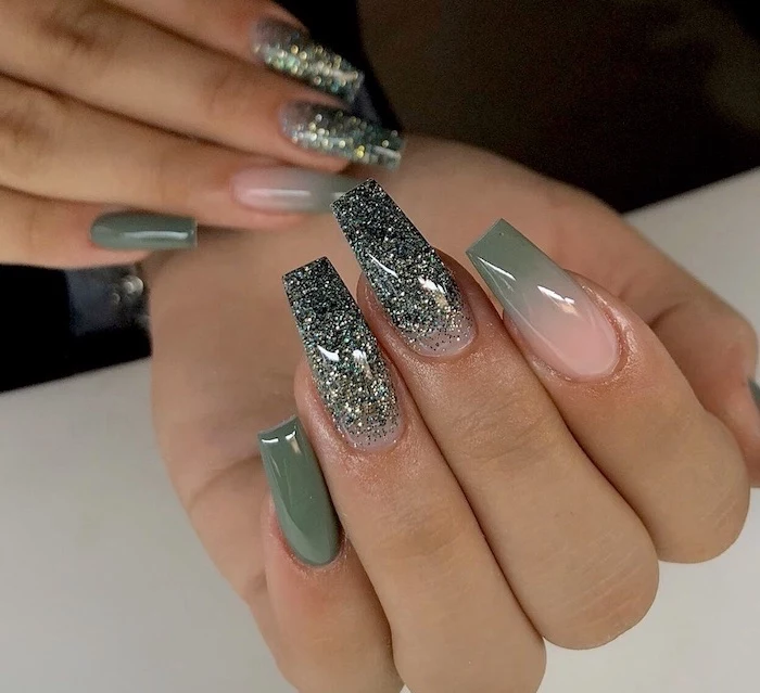green glitter nail polish on ring and middle finger, ombre nail designs, nude to green gradient nail polish on index finger