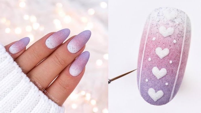 white to pink to purple glitter gradient nail polish, long almond nails, blue ombre nails, hand covered with white sleeve