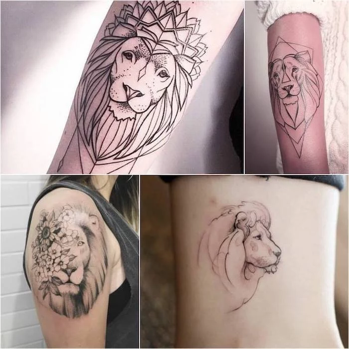 photo collage of different tattoos, tribal lion tattoo, lion head tattoos in different places of the body