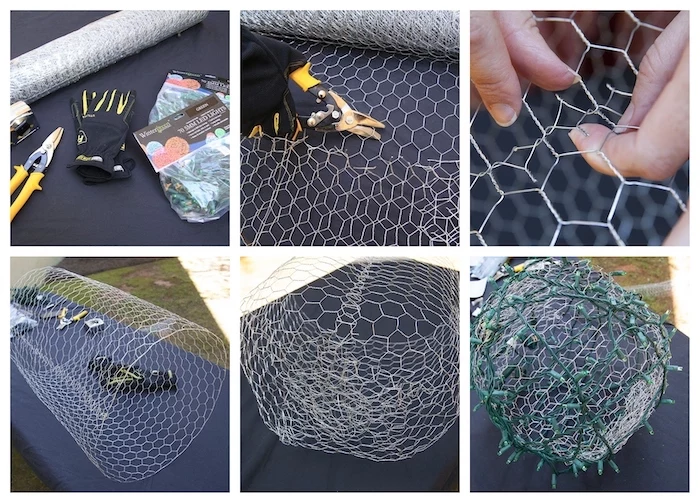 photo collage of step by step diy tutorial, baubles made of chicken wire, outdoor christmas decorations, intertwined with lights