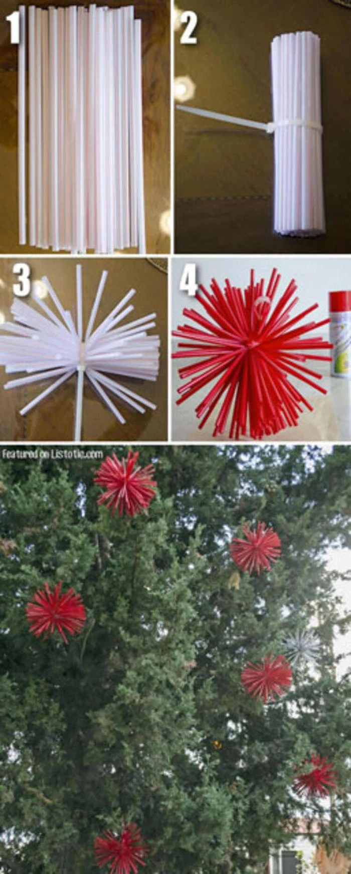 photo collage of step by step diy tutorial, grinch outdoor christmas decorations, tree ornaments made of plastic straws