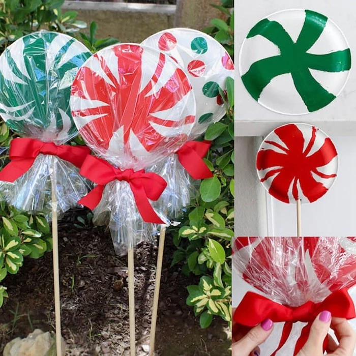 photo collage of step by step diy tutorial, outdoor lighted christmas decorations, paper plate lollipops, tied with red ribbon