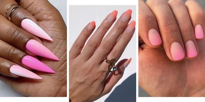 photo collage, three side by side photos, different ombre nails ideas, french tip acrylic nails, different lengths of the nails