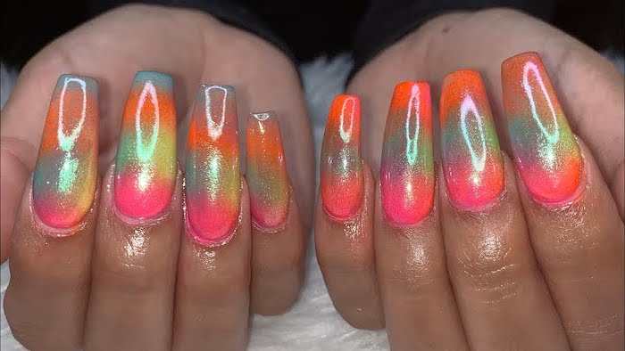 pink to green orange and blue gradient monochromatic nail polish, french tip acrylic nails, long coffin nails
