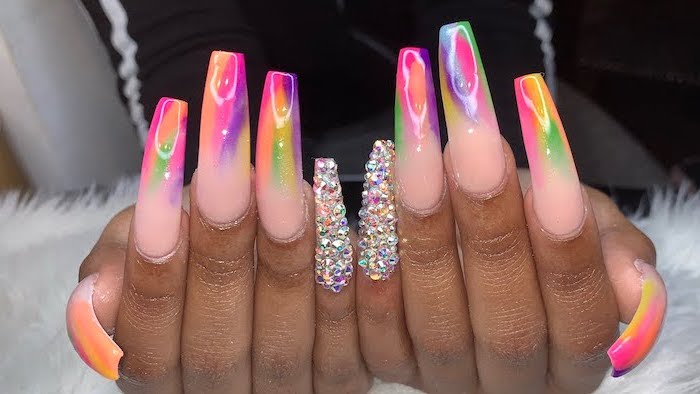 french fade nails, extra long coffin nails, rhinestones on the pinkies, rainbow colors gradient nail polish
