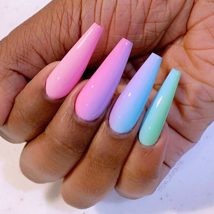 rainbow colored nails, gradient colors from pink to turquoise, french fade nails, extra long coffin nails