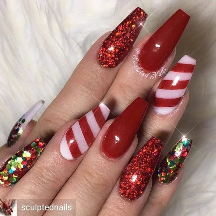 red and white glitter nail polish, trending nail colors, long coffin nails, colorful glitter on pinky and index finger