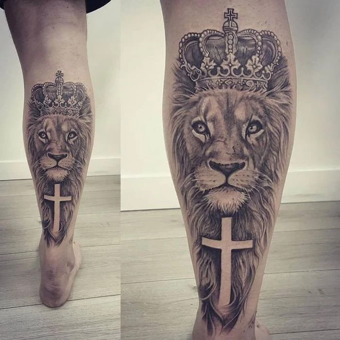 lion tattoos for females, back of leg tattoo, religious tattoo, cross and lion with large mane and crown on its head