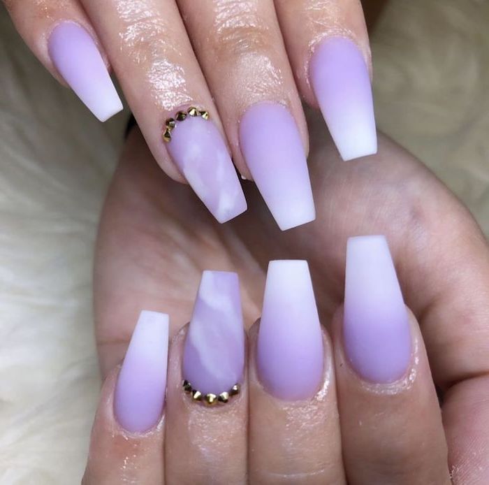 purple to white gradient matte nail polish, french ombre nails, purple marble and rhinestones decorations on the ring fingers