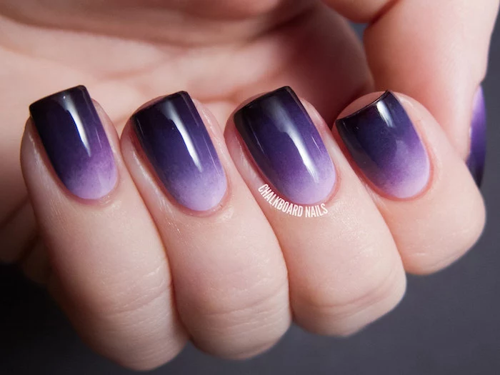 white to light and dark purple gradient nail polish, french ombre nails, short square nails
