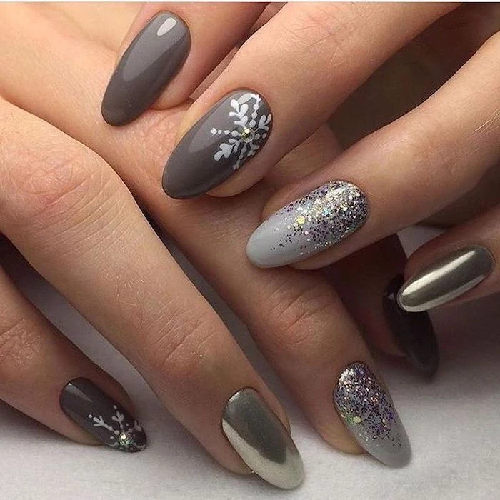 grey and gold metallic nail polish, christmas nail colors, silver glitter and snowflakes decorations