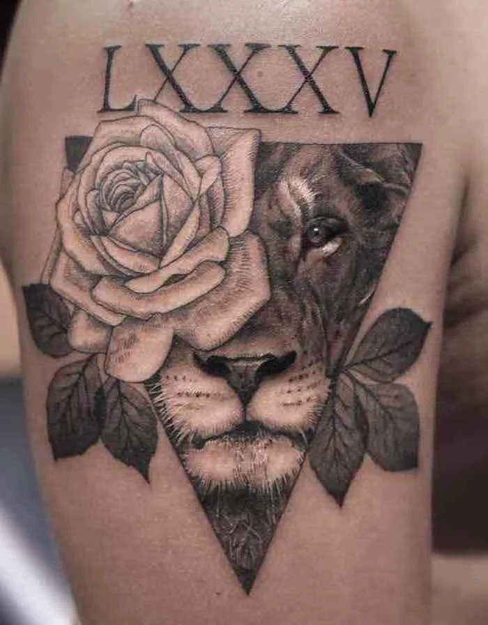 lion head inside a triangle, rose in the corner, roman numerals on top, lion thigh tattoo, shoulder tattoo