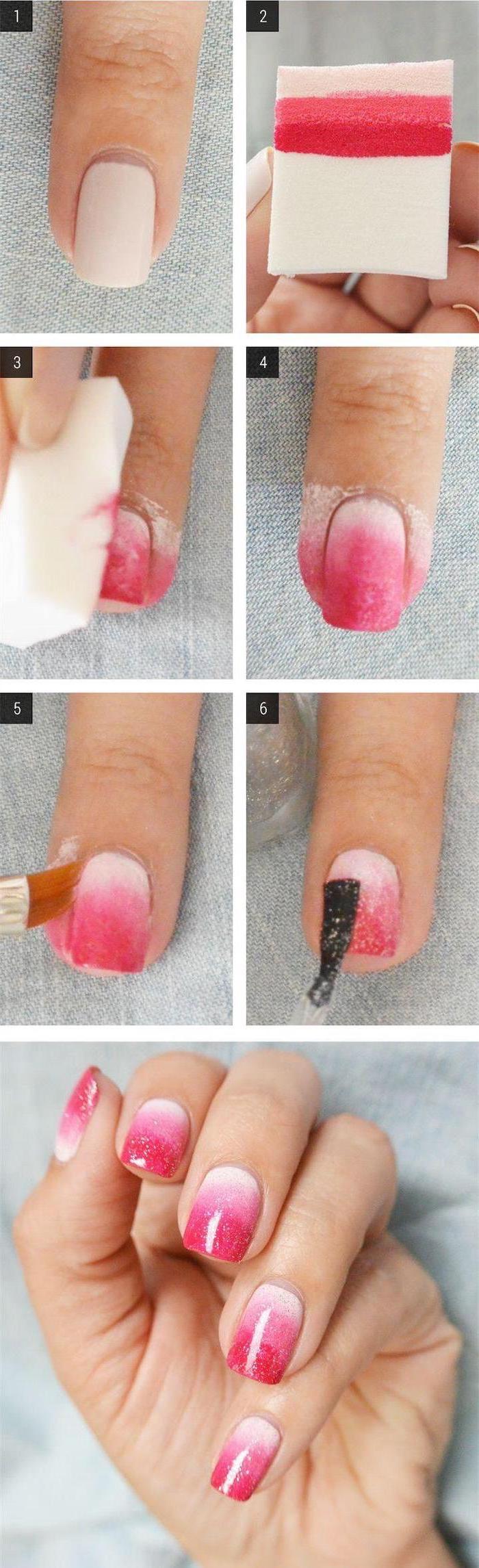 step by step diy tutorial, white to light and dark pink gradient nail polish, french ombre nails, how to do ombre nails