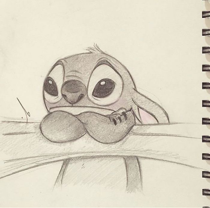 stitch from lilo and stitch, looking sad, leaning on a branch, what to draw when bored, black and white pencil sketch
