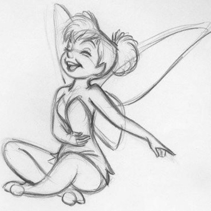 tinkerbell sitting and laughing, peter pan character, black and white pencil sketch, what to draw when bored, white background