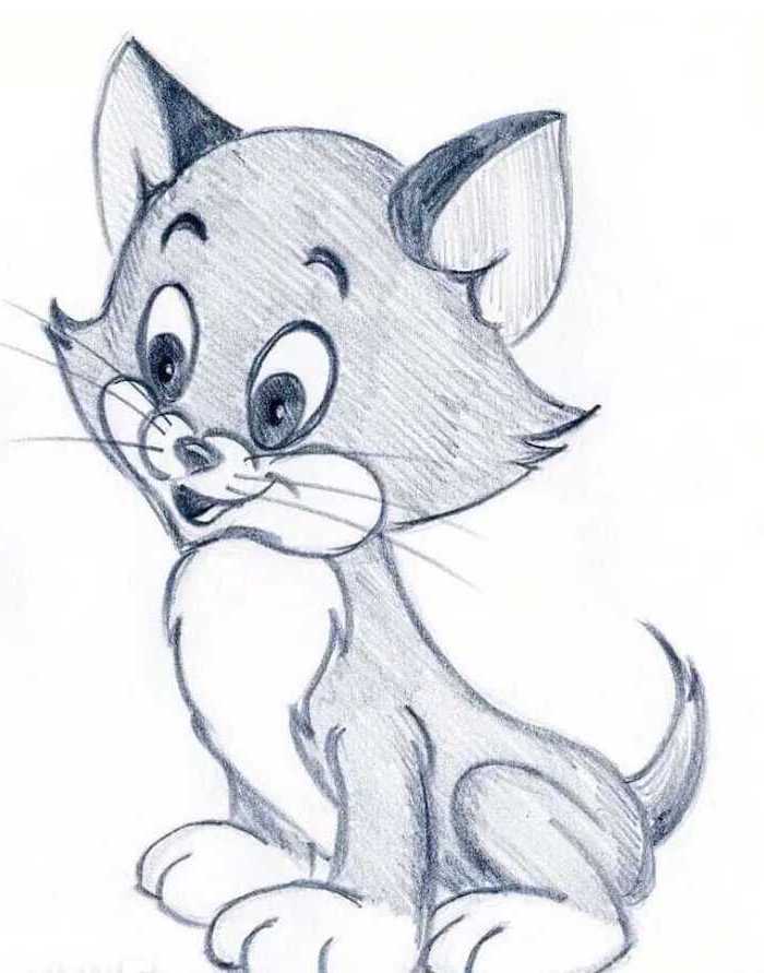 cute little drawings, baby tom from tom and jerry, black and white pencil sketch, white background