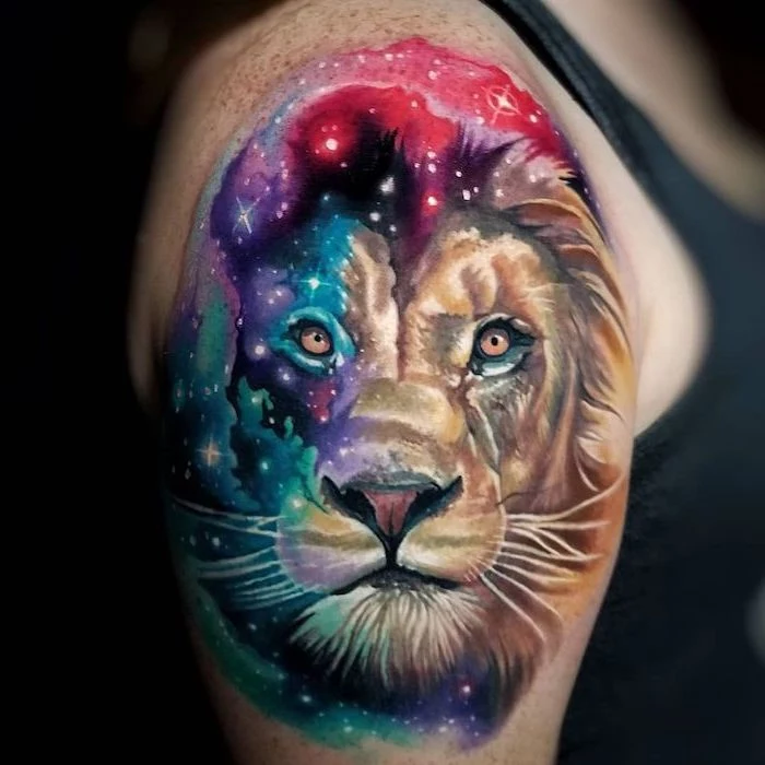 watercolor galaxy tattoo, lion thigh tattoo, lion head, half of it covered in galaxy colors, shoulder tattoo