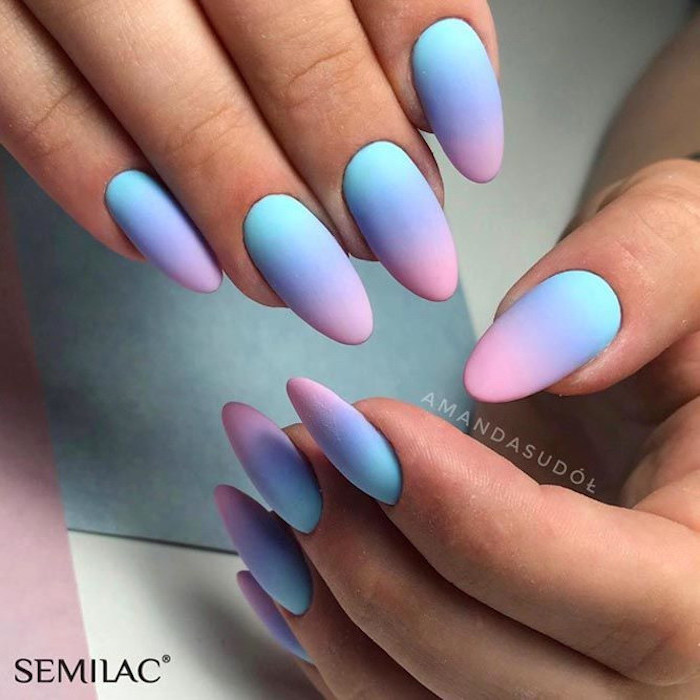 turquoise to blue purple and pink gradient matte nail polish, french ombre nails, long almond nails