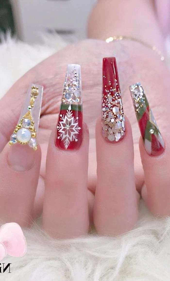 cute winter nails, long coffin nails, red and green nail polish, decorations with rhinestones on each nail