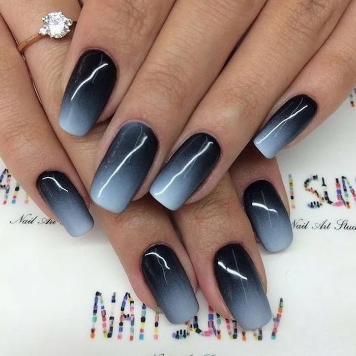 black to grey gradient nail polish, medium length squoval nails, how to do ombre nails, ring on the ring finger