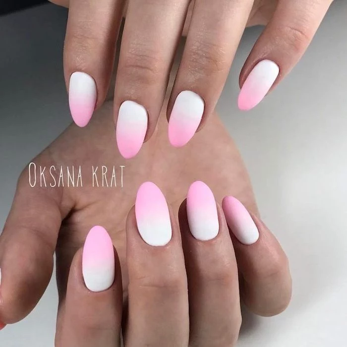white to pink gradient matte nail polish, medium length almond nails, how to do ombre nails