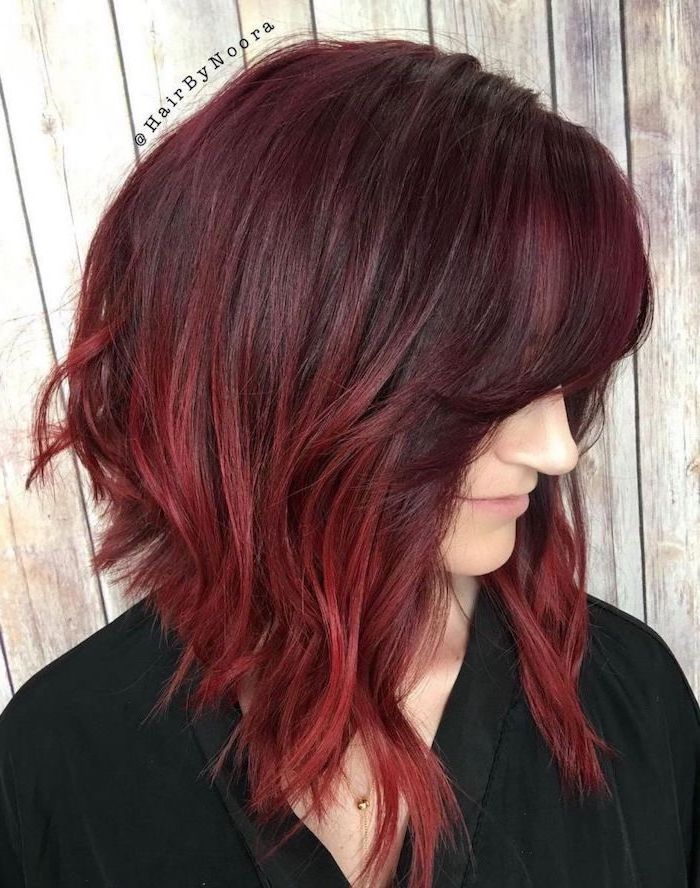 hair color for short hair, dark red balayage with light red ends, asymmetrical medium length bob
