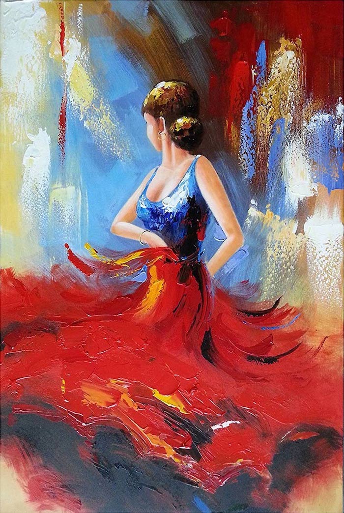 acrylic painting ideas, woman dancing flamenco, wearing red skirt and blue top, background painted in different colors