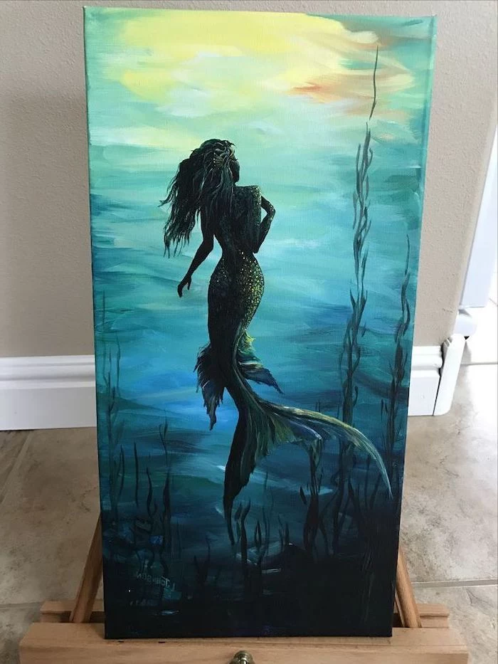 cute easy paintings, mermaid swimming in the ocean, seaweed around her, dark blue aesthetic
