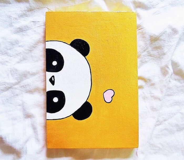 easy drawings for kids, acrylic painting of a panda's head, pink heart above it on yellow background