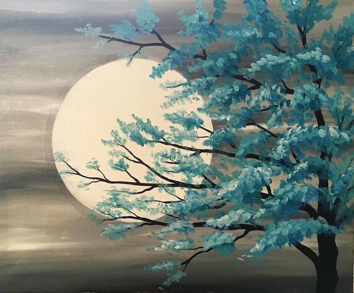 tall tree with blue blossoms at the forefront, large moon in the background, cute easy paintings, grey skies, canvas painting ideas with black background
