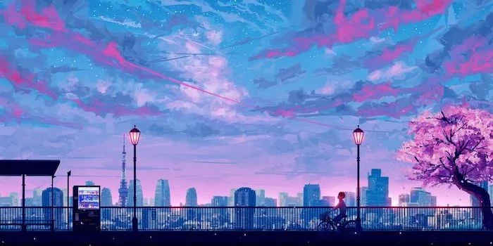 animated city skyline, aesthetic computer wallpaper, point of view from a bridge, pink purple sky with clouds