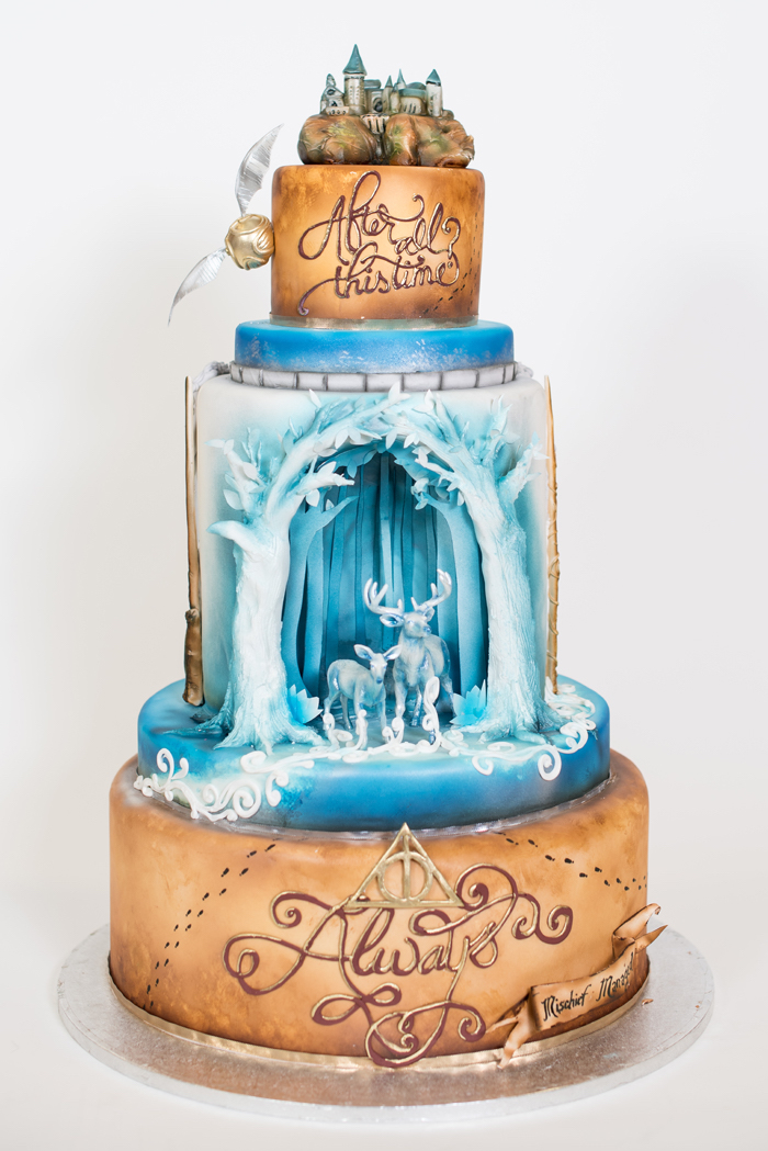 harry potter cake, three tier cake, after all this time always written on it, second layer with stag and deer patronus