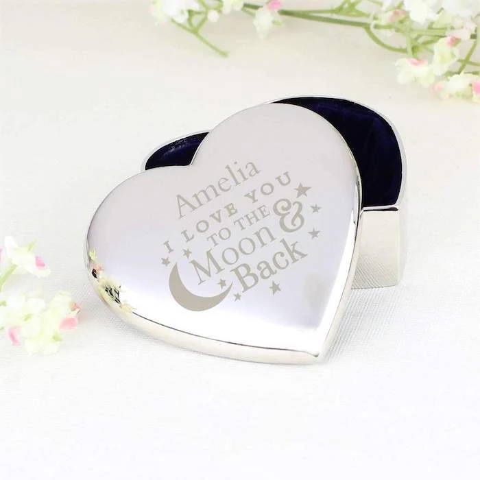 amelia i love you to the moon and back, personalised metal trinket box, valentine gift ideas, heart shaped box