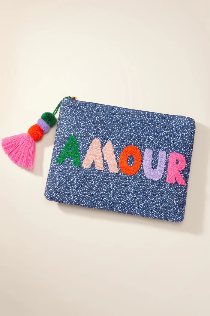 amour pouch in blue with white polka dots, valentine gift ideas, makeup pouch, colorful tassel on the zipper