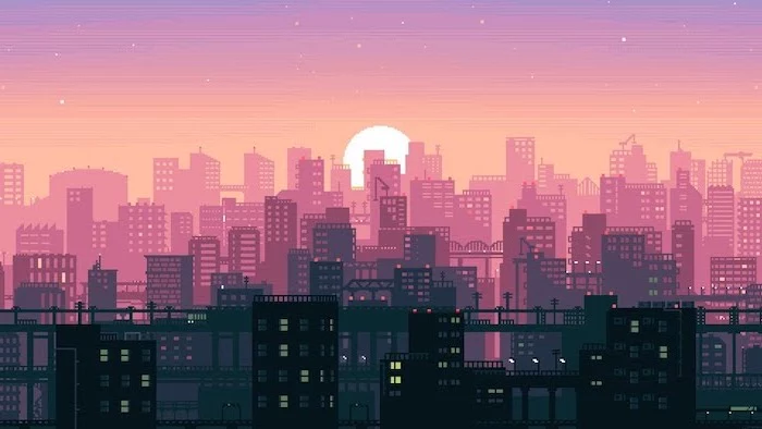 animated city skyline, sun setting over the city, aesthetic computer wallpaper, pink and black buildings
