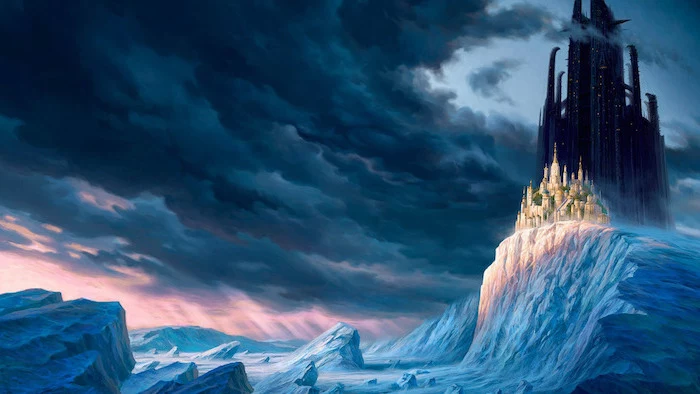dark castle on a mountain covered with snow, aesthetic backgrounds, dark clouds in the sky, animated wallpaper