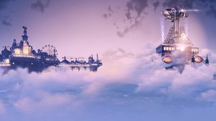 animated amusement park in the clouds, aesthetic backgrounds, ferris wheel and castle, pink and purple clouds