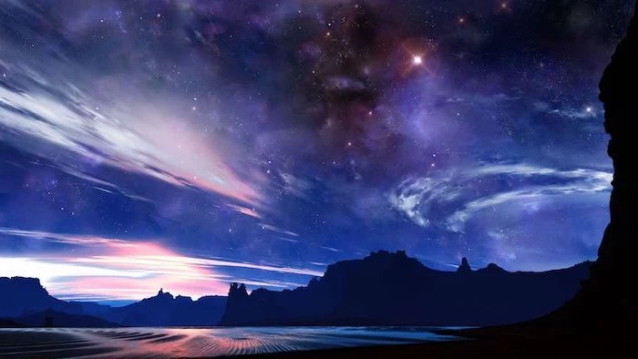 animated sky, with dark purple clouds and lots of stars, pink aesthetic wallpaper, over a dark mountain landscape
